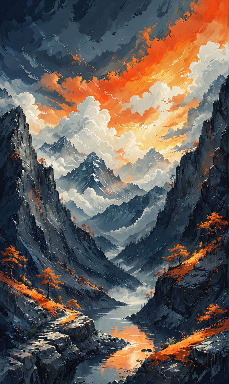 03838-424362855-Mountains, in the style of dark silver and orange, clouds, cartoonish innocence, slumped_draped, made of emotions, light white a.png